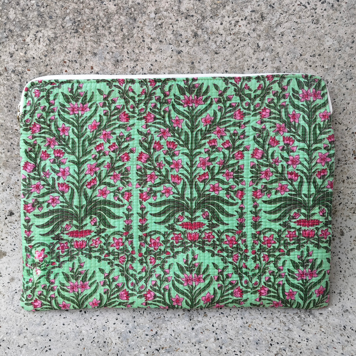Mint Green Cotton Laptop Sleeve with Pink Floral Vine Pattern