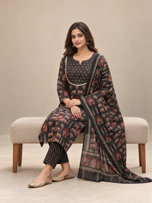 A woman models a traditional Indian salwar kameez suit set consisting of a black kurta with red and gold floral prints, matching printed trousers, and a coordinating dupatta, seated on a beige upholstered bench against a neutral beige background.
