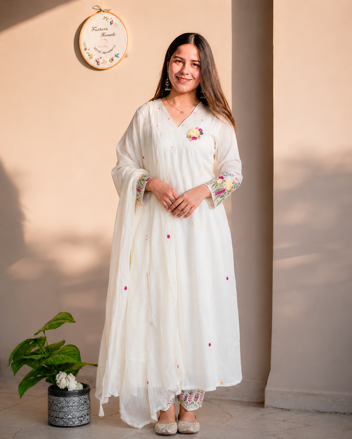 White Embroidered Cotton Kurta Set for Women with Dupatta | Indian Ethnic Suit Set | Floral Handwork Kurta Pant Set | Festive Wear Salwar