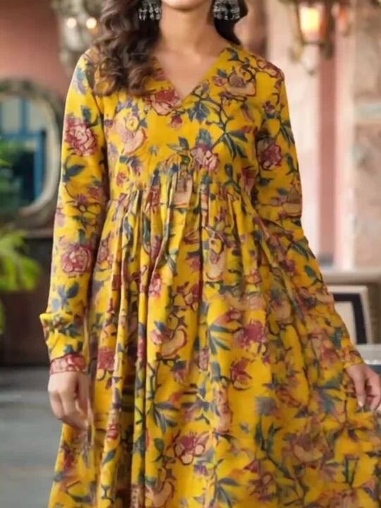 Yellow Cotton Floral Anarkali Suit Set – Women’s Ethnic Dress