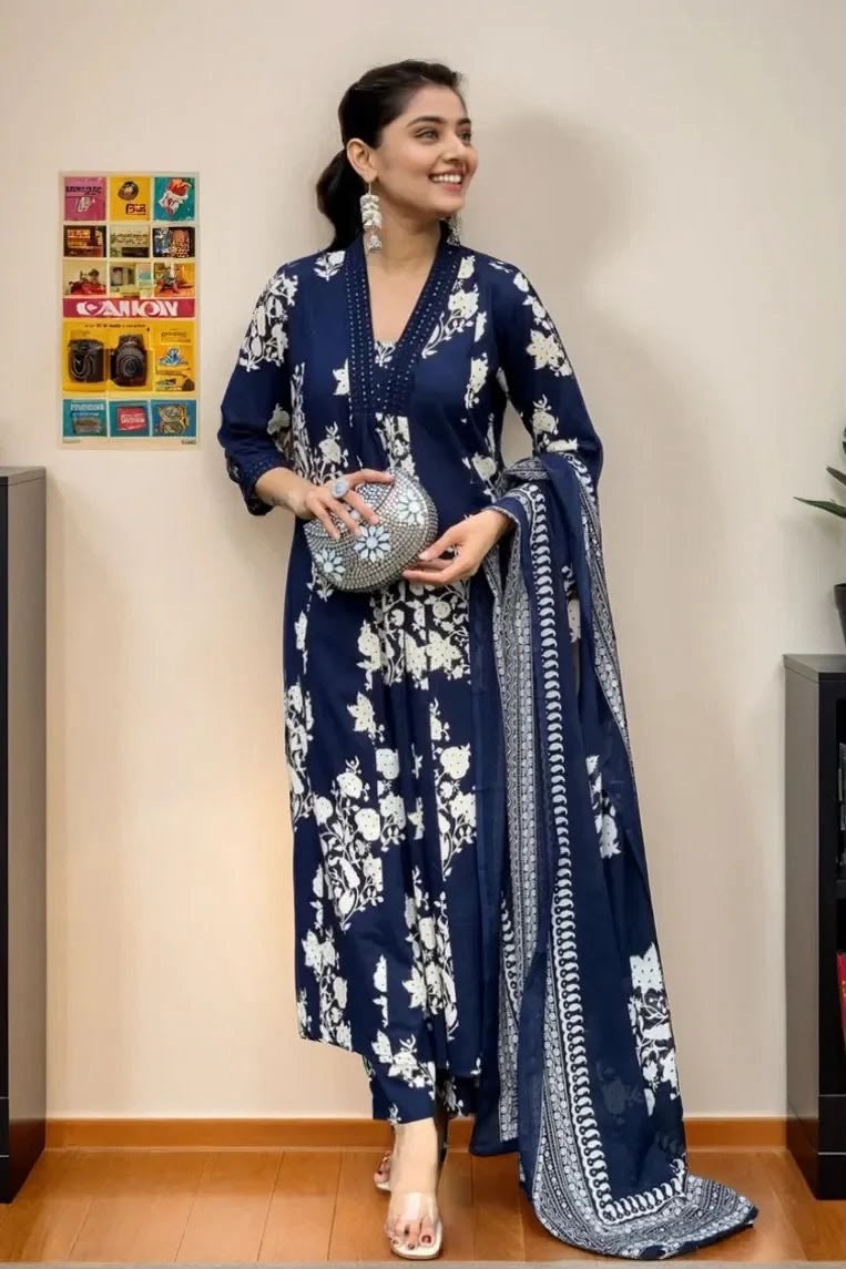 A woman models a navy blue floral salwar kameez suit with a white floral print, holding a matching patterned dupatta and a silver clutch bag in an indoor setting.