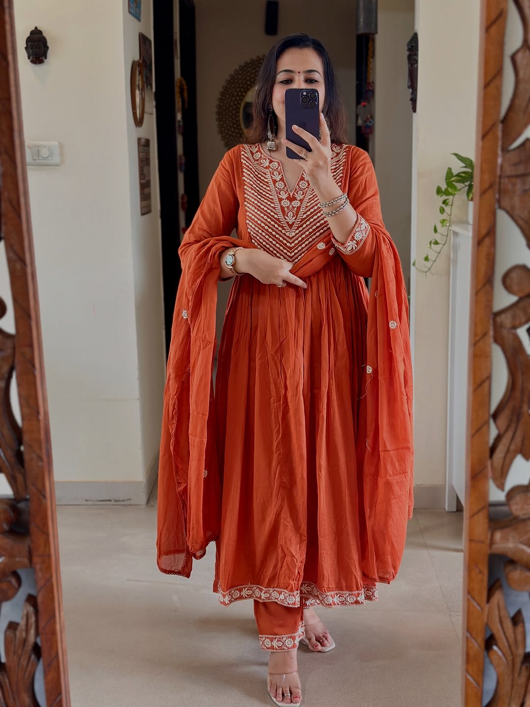 Rust Orange Embroidered Anarkali Kurta Set with Dupatta for Women