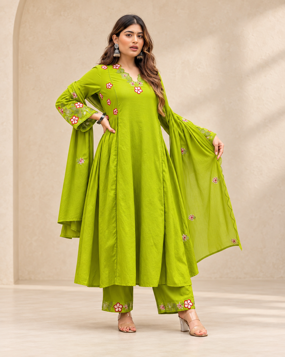 Lime Green Embroidered Kurta Pant Set with Dupatta for Women - INDIAN COTTON CRAFT