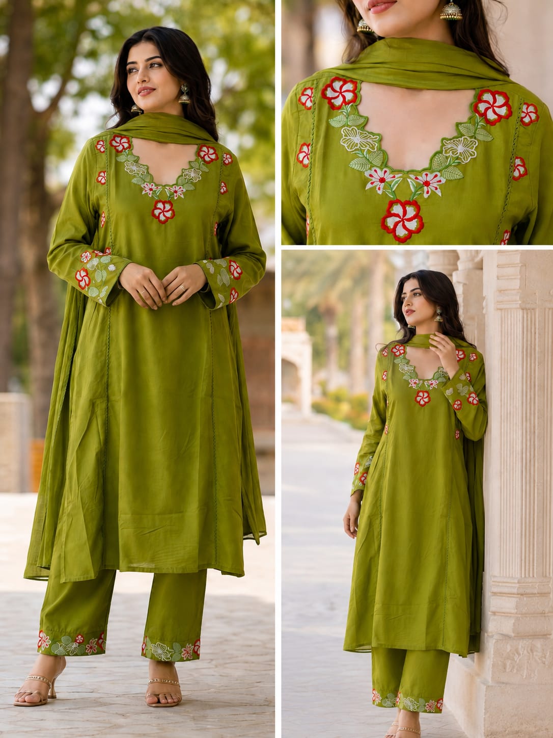 A woman modeling an lime green salwar kameez suit with floral embroidery on the neckline and pant hem, shown in a three-panel collage including a full-body view, a close-up of the embroidery, and another full-body pose.