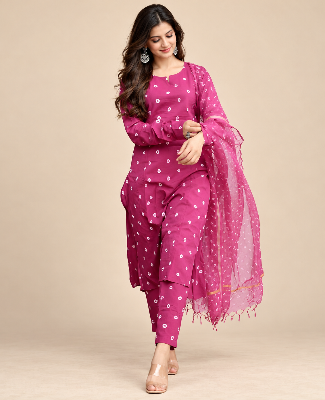 Model wearing a magenta Bandhani print Anarkali kurta with white motifs, matching pants and a sheer bordered dupatta against a beige background.

