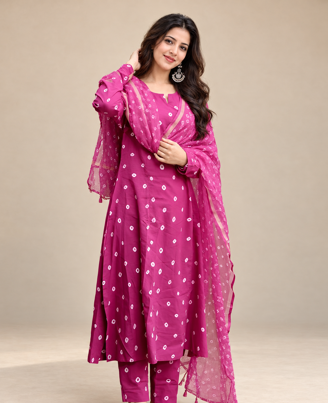 Model wearing a magenta Bandhani print Anarkali kurta with white motifs, matching pants and a sheer bordered dupatta against a beige background.

