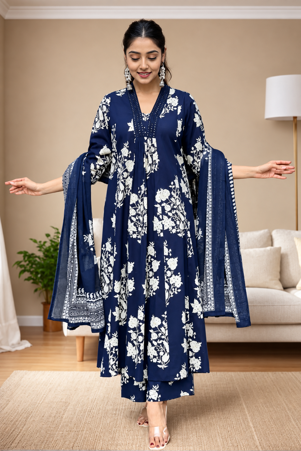 A woman modeling a navy blue and white floral printed kurta set with a matching dupatta in a modern living room setting.