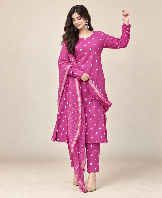 Model wearing a magenta Bandhani print Anarkali kurta with white motifs, matching pants and a sheer bordered dupatta against a beige background.

