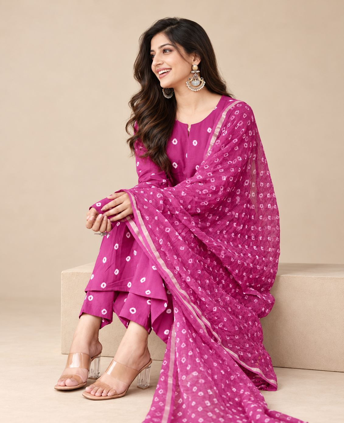 Model wearing a magenta Bandhani print Anarkali kurta with white motifs, matching pants and a sheer bordered dupatta against a beige background.

