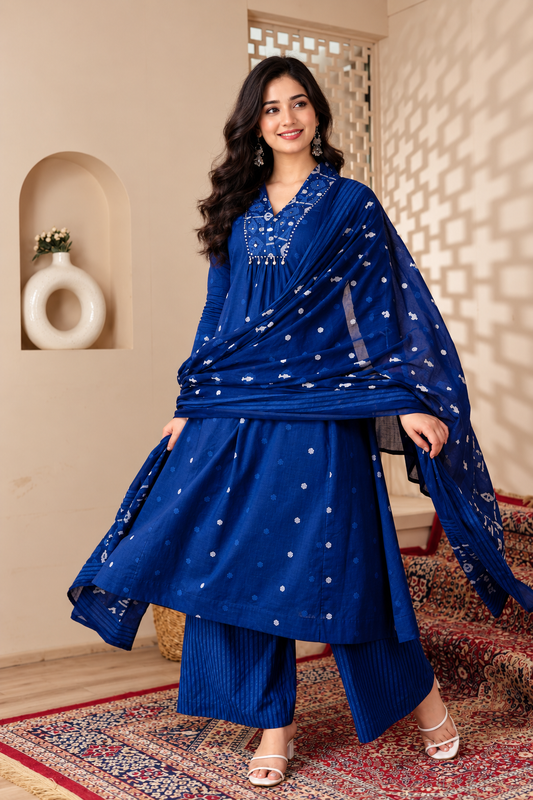 Royal blue pure cotton kurta pant set with dupatta for women