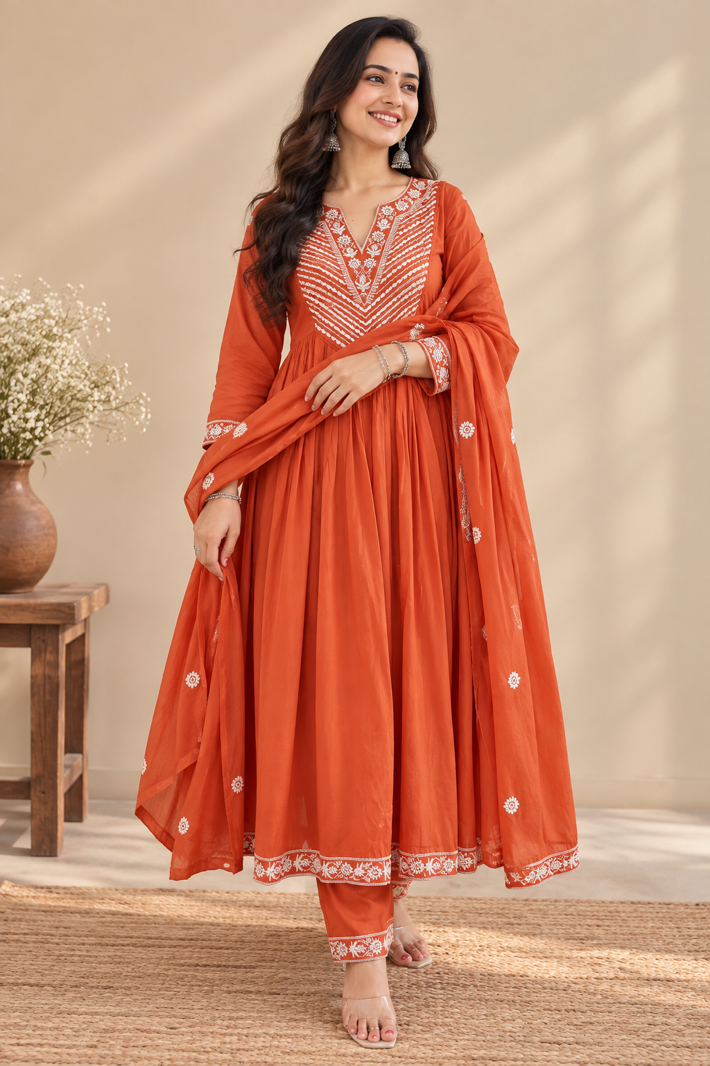 A woman models a traditional Indian salwar kameez outfit in terracotta orange with white embroidery. The set includes a long kurta, matching pants, and a dupatta, shown against a warm beige background with a wooden side table and dried flowers.