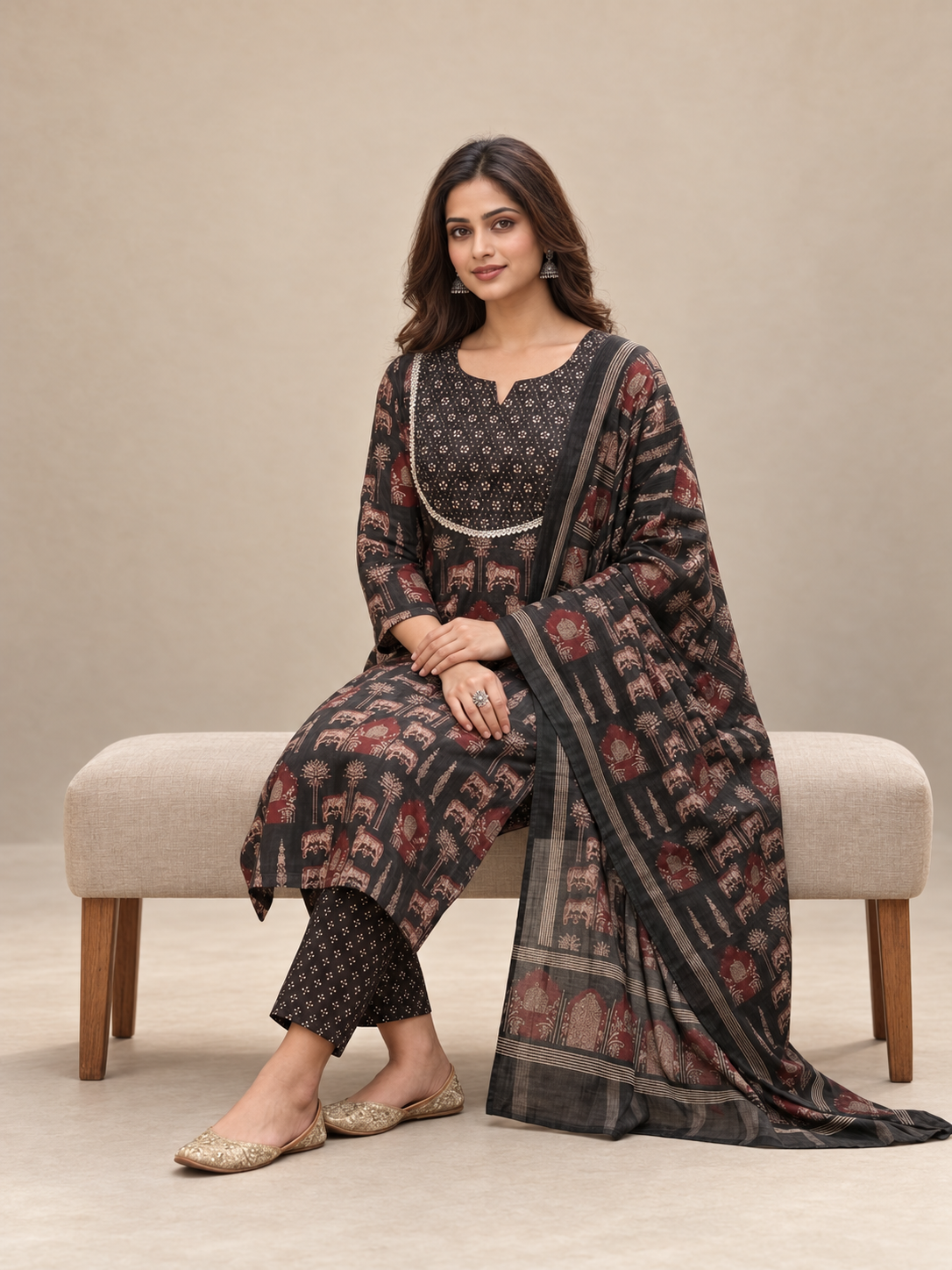 A woman models a traditional Indian salwar kameez suit set consisting of a black kurta with red and gold floral prints, matching printed trousers, and a coordinating dupatta, seated on a beige upholstered bench against a neutral beige background.