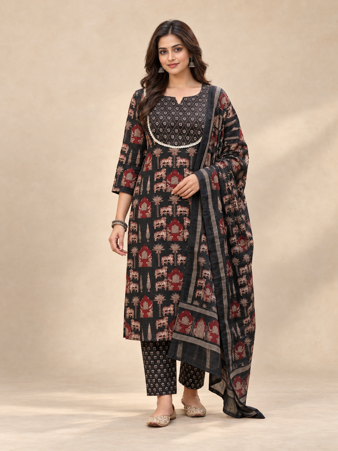 A woman modeling a black three-piece Indian ethnic suit set with red and beige elephant motifs and a matching dupatta, set against a neutral beige studio backdrop.