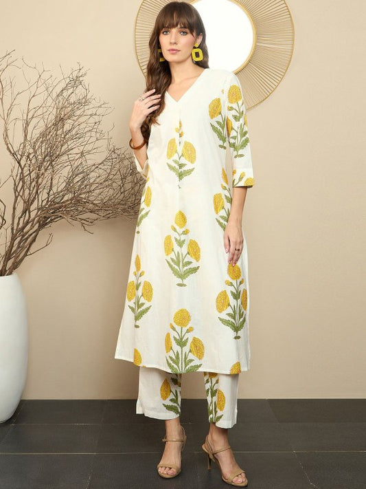 Yellow Floral HandBlock Printed Kurta Pajama Set - 2pc