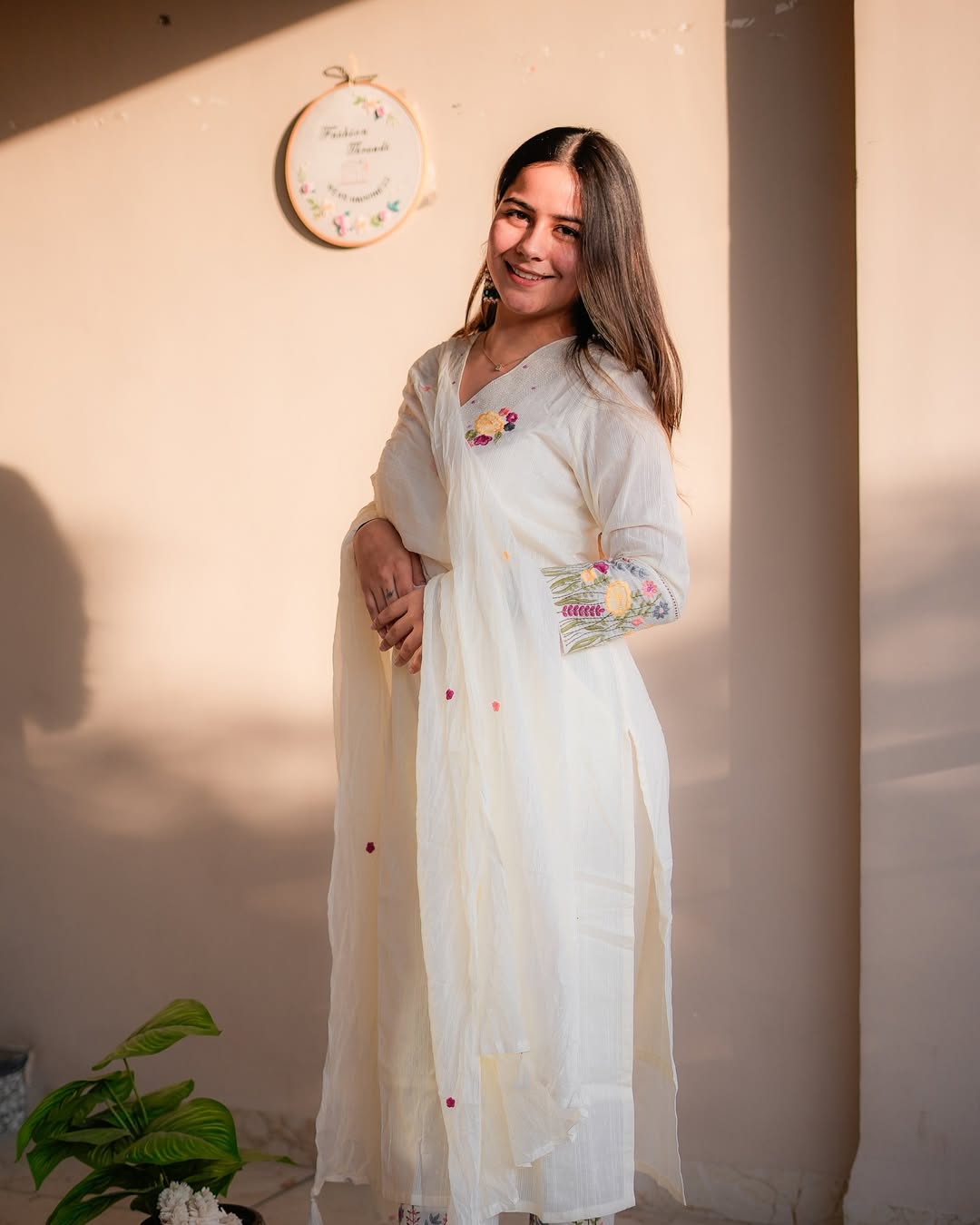 White Embroidered Cotton Kurta Set for Women with Dupatta | Indian Ethnic Suit Set | Floral Handwork Kurta Pant Set | Festive Wear Salwar