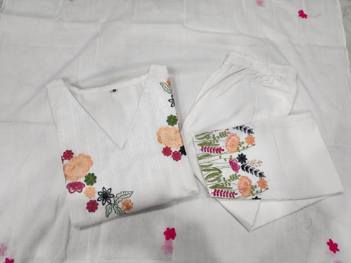 White Embroidered Cotton Kurta Set for Women with Dupatta | Indian Ethnic Suit Set | Floral Handwork Kurta Pant Set | Festive Wear Salwar