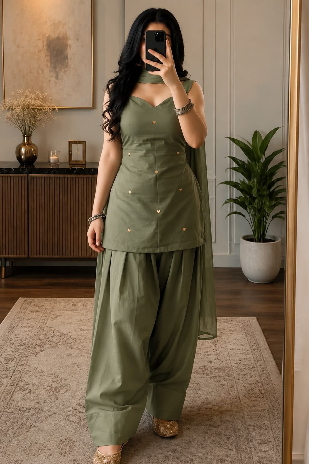 Olive Green Patiala Suit Set with Dupatta for Women