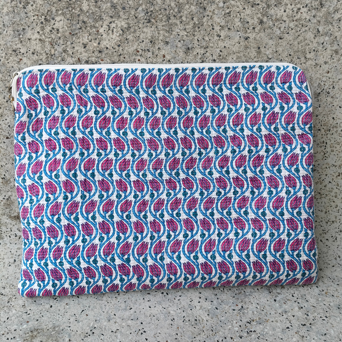 White Quilted Cotton Laptop Sleeve with Pink and Blue Tulip Floral Pattern