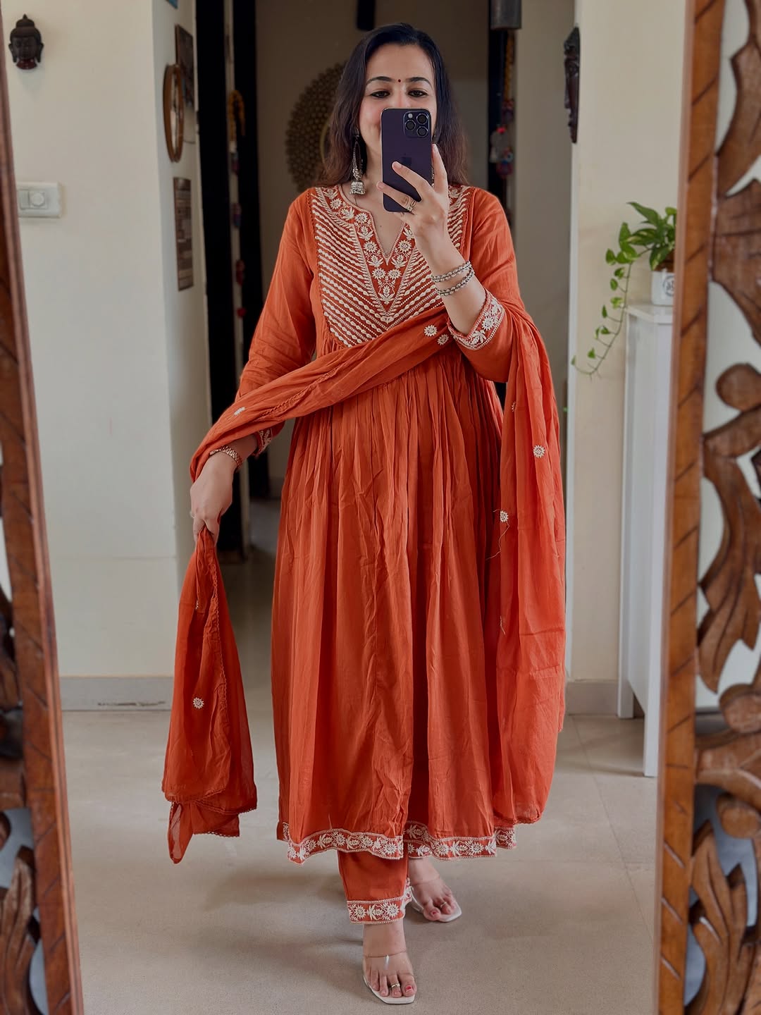 Rust Orange Embroidered Anarkali Kurta Set with Dupatta for Women
