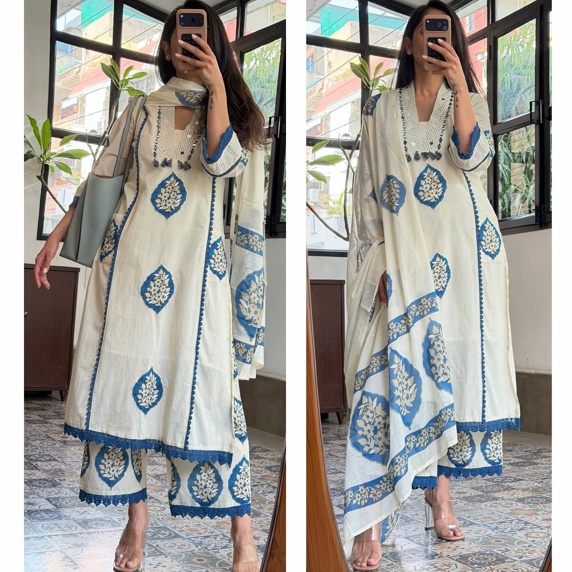 White and blue cotton kurta pant set with dupatta for women
Women’s white blue Indian kurta set with matching pants and dupatta
White cotton kurta with blue traditional print pants and dupatta