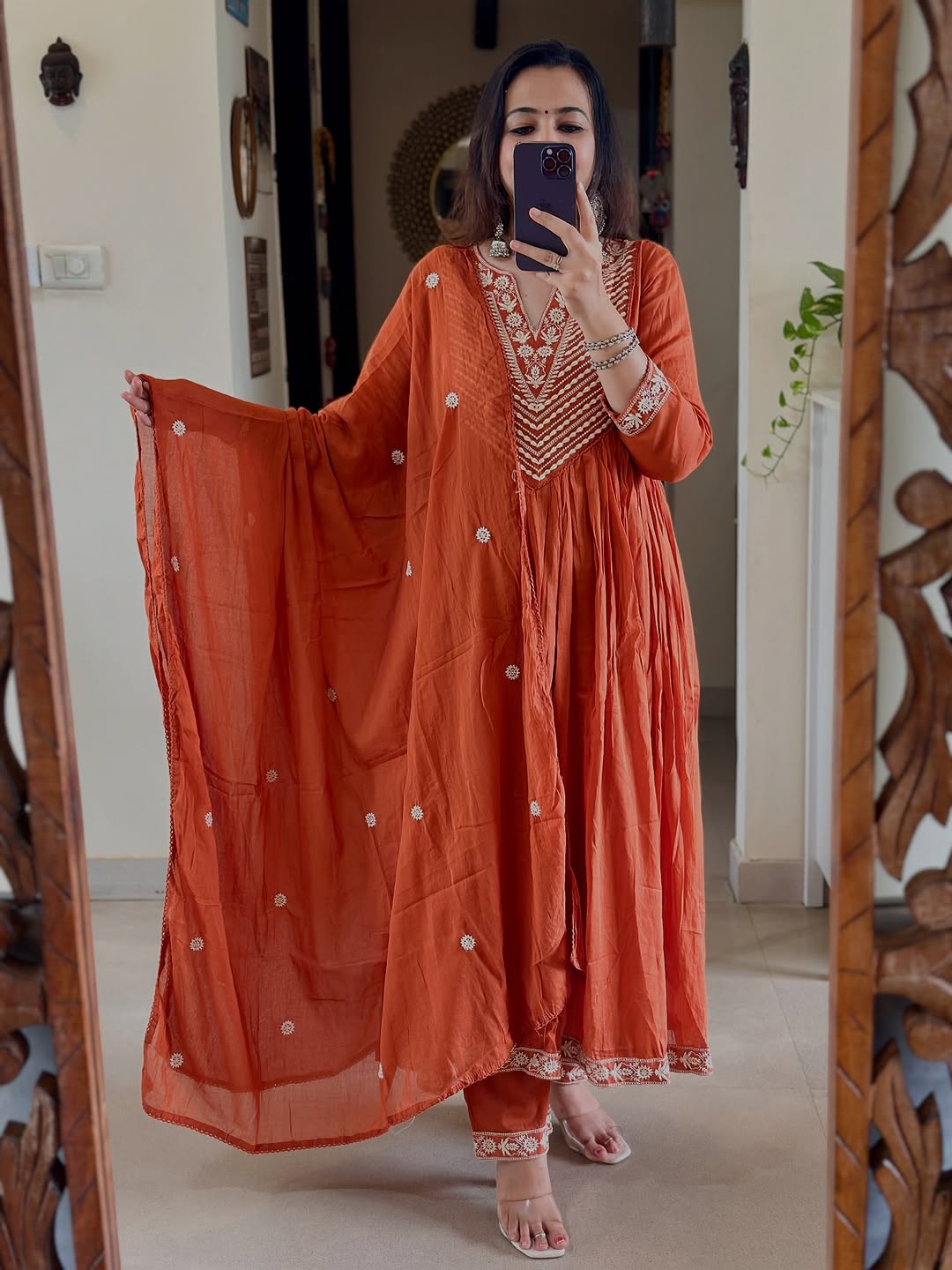 Rust Orange Embroidered Anarkali Kurta Set with Dupatta for Women