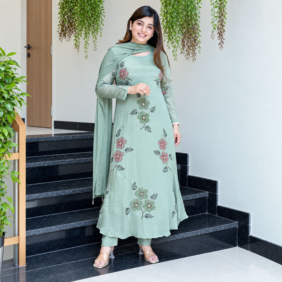 Sage Green Embroidered Anarkali Kurta Set