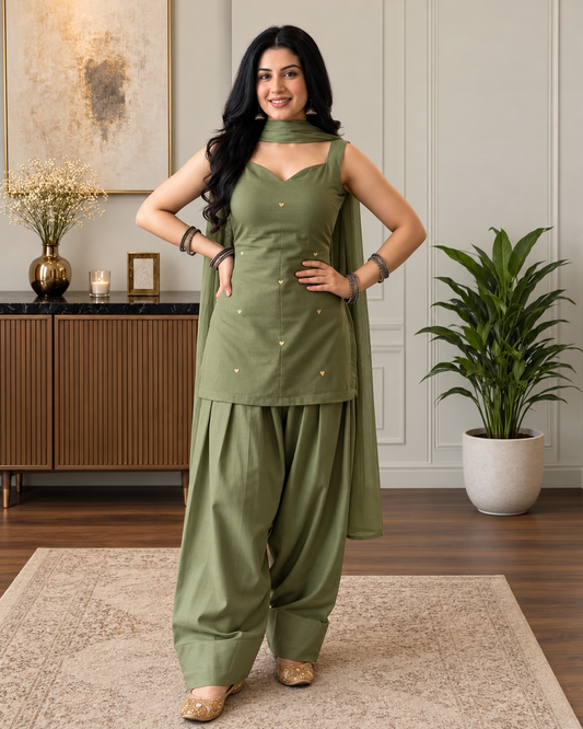 Olive Green Patiala Suit Set with Dupatta for Women