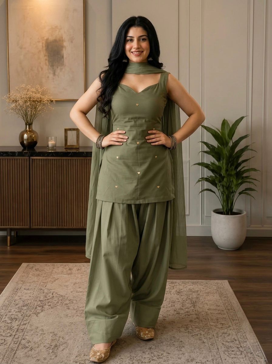 Olive Green Patiala Suit Set with Dupatta for Women