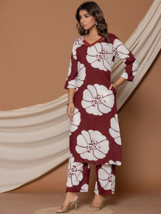 Floral Printed V-Neck Mirror Work Pure Cotton Kurta With Trousers