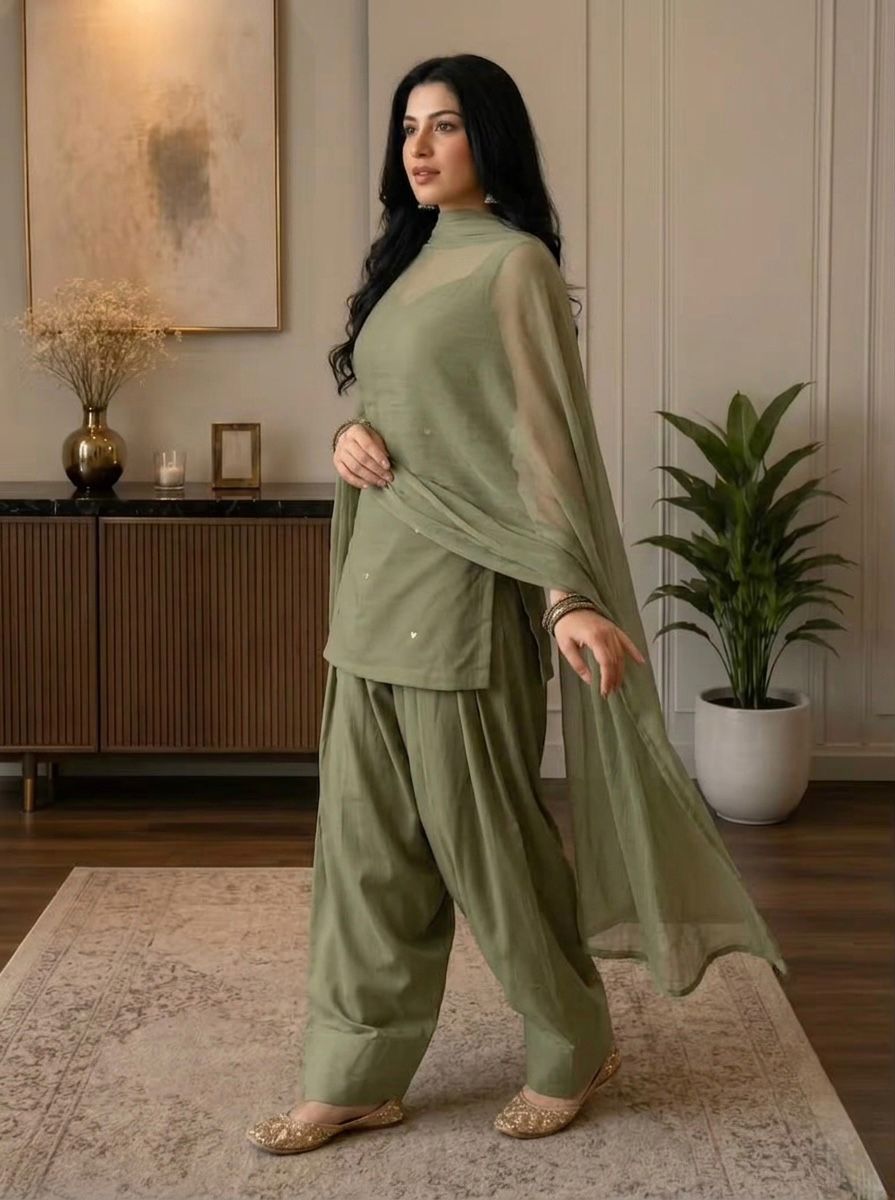 Olive Green Patiala Suit Set with Dupatta for Women