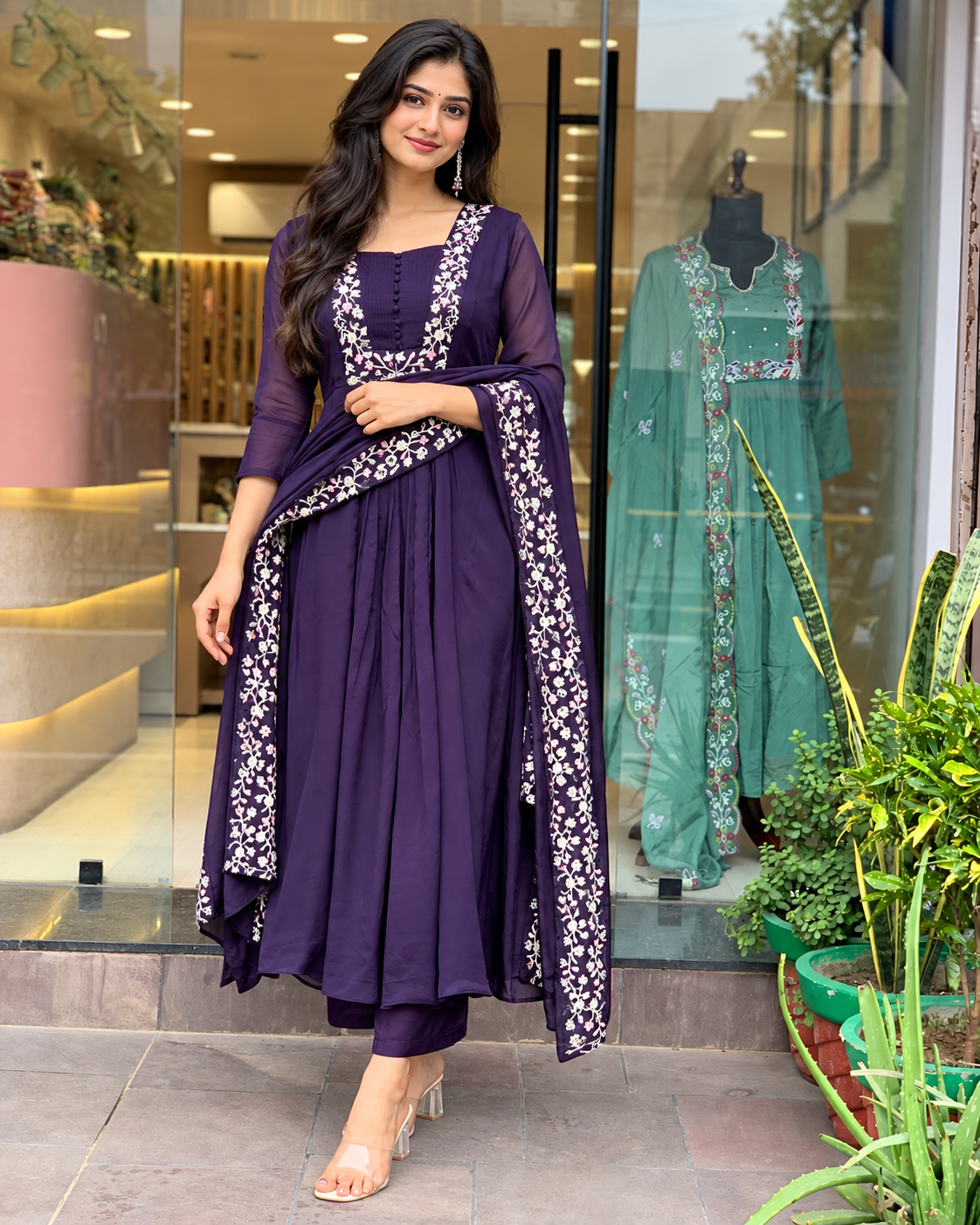 A woman models a deep purple traditional Indian salwar kameez suit with white floral embroidery on the border and neckline, standing in front of a glass storefront window.